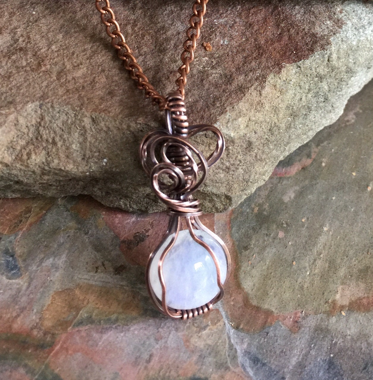 Wire Wrapped Moonstone Necklace in Antiqued Copper,Rainbow Moonstone