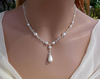 Bridesmaid Pearl Gift Necklace, Pearl Crystal drop Necklace in silver,Crystal Pearl Wedding Necklace, Pearl drop Earrings,Pearl and Crystal