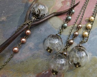 Dandelion Necklace-Real Dandelion Seed Flower Pearl Brass Necklace - Make a Wish Gift, Dandelion Pearl Pendant,Birthday Gift