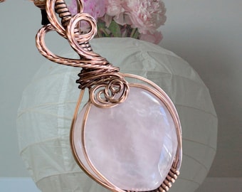 Wire Wrapped Rose Quartz Pendant,Rose Quartz Copper Necklace,Pink Rose Quartz Jewelry, Healing Gemstone ,Grandmas Gift, Rose Quartz Heart