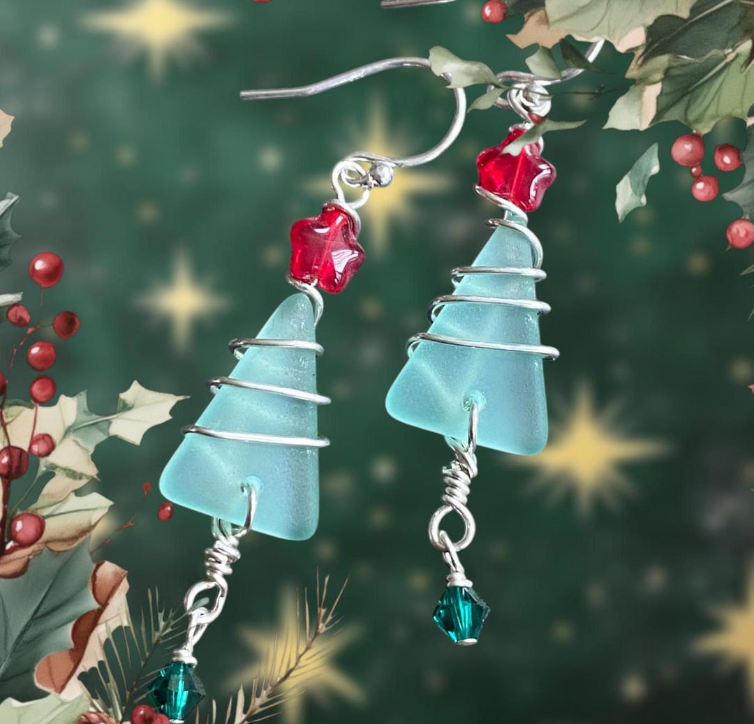 Seafoam Green Sea Glass Christmas Tree Earrings: Sterling Silver Holiday Dangles