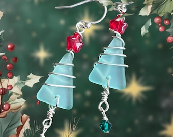 Christmas Tree Earrings, Sea Glass Christmas Dangle Earrings, Sterling Silver Holiday Christmas Earrings, Coastal Holiday Earrings