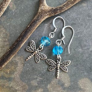 Dragonfly Dangle Earrings: Antiqued Silver & Blue Crystal