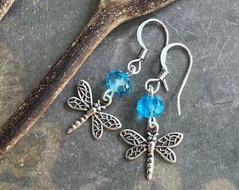 Dragonfly Earrings with Crystals, Dragonfly and Crystal Silver Earrings,Dragonfly Dangle drop Earrings, Insect Jewelry,Woodland Earrings