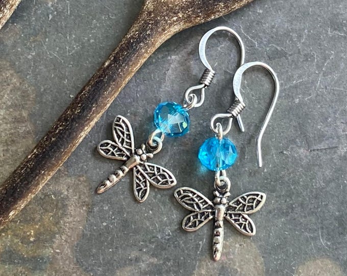 Dragonfly Earrings with Crystals, Dragonfly and Crystal Silver Earrings,Dragonfly Dangle drop Earrings, Insect Jewelry,Woodland Earrings