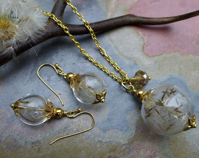Dandelion Necklace in Gold, Dandelion Earrings in gold,a Wish Gift, Dandelion Jewelry. Bridal/Wedding Jewelry, Wish Jewelry,