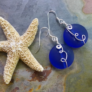 Cobalt Blue Sea Glass Earrings: Sterling Silver Wire Wrapped Dangles