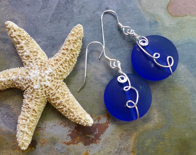 Swirly Cobalt Blue Sea Glass Earrings in Sterling Silver, Wired Cobalt Blue Sea Glass Earrings,Nautical Earrings,Blue Glass Dangle Earrings