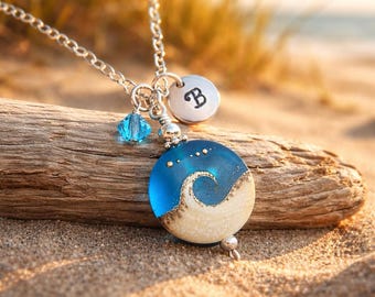 Personalized Lampwork Ocean Wave Pendant Necklace, Sterling Silver Beach Jewelry