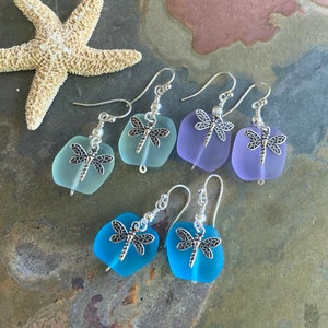 Sterling Silver Sea Glass Dragonfly Charm Earrings,Periwinkle Sea Glass Earrings, Beach Weddings,Blue earring, Green Sea glass Earrings,