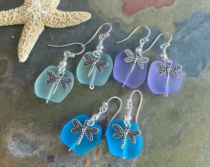 Sterling Silver Sea Glass Dragonfly Charm Earrings,Periwinkle Sea Glass Earrings, Beach Weddings,Blue earring, Green Sea glass Earrings,