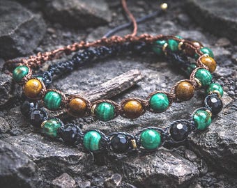 Malachite Onyx Tiger's Eye Beaded Macrame Bracelet, Protection Stone Jewelry