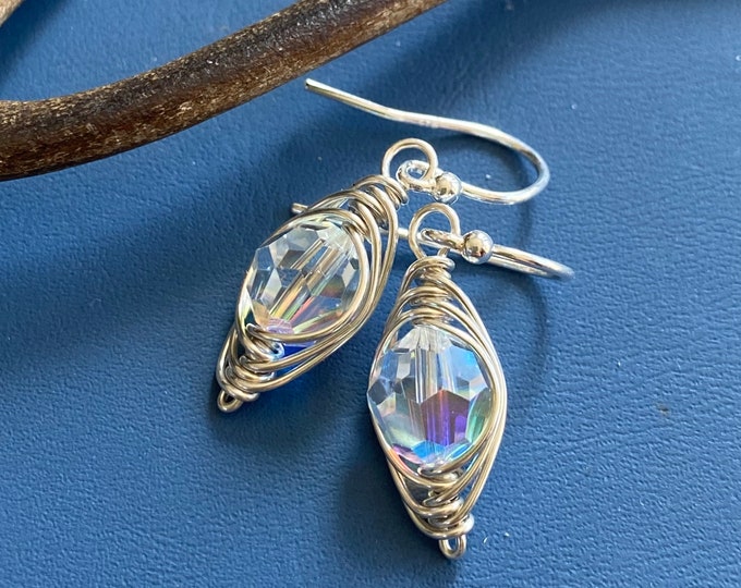 Swarovski Clear AB Crystal Earrings, April Birthday Earrings, Wire Wrapped Crystal Dangling Earrings, Bridal Crystal earrings, Gifts for Her
