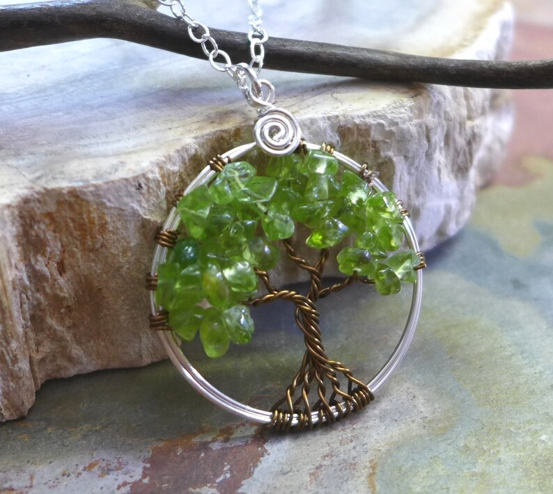 Peridot Tree of Life Pendant Sterling Silver Chain,Wire Wrapped Peridot Gemstone Tree of life, August Birthstone Necklace,Tree of Life, image 2
