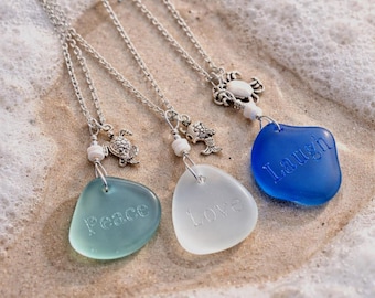 Engraved Sea Glass Necklace, Laugh Love Peace Pendant, Beach Jewelry, Silver Chain