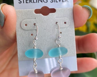 Sea Glass Dangle Earrings, Aqua Blue Pink Lavender Beach Jewelry,