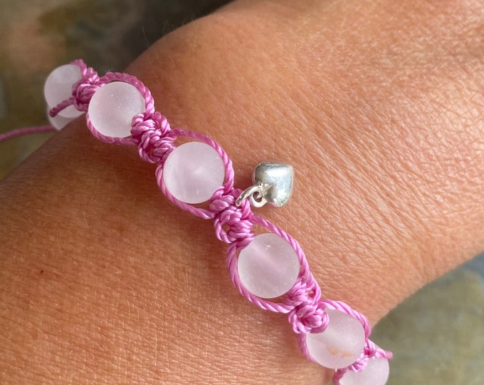 Pink Rose Quartz Macrame Bracelet: Sterling Silver Heart Charm, Boho Style