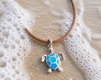 Blue Opal Sea Turtle Necklace, Sterling Silver Pendant on Leather Cord, Ocean Beach Jewelry, Birthday Gift for Teen Girl Turtle Lover