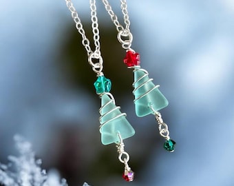 Sterling Silver Wired Christmas Tree Necklace, Sea Glass Christmas Tree Necklace, Holiday Jewelry, Holiday Gifts for Her, Sea Glass pendant.