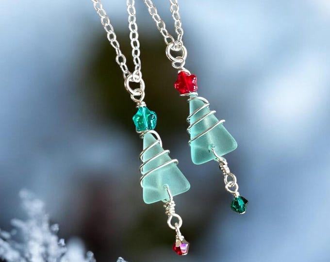 Sterling Silver Wired Christmas Tree Necklace, Sea Glass Christmas Tree Necklace, Holiday Jewelry, Holiday Gifts for Her, Sea Glass pendant.
