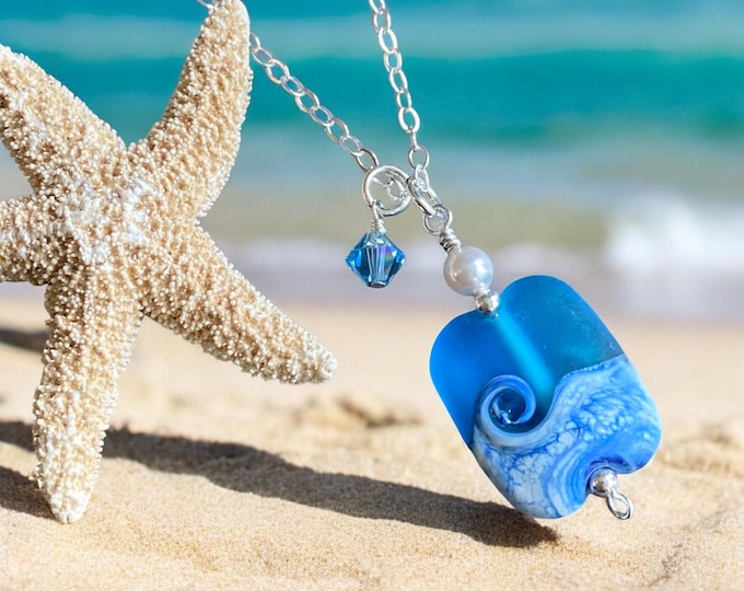 Wave Necklace, Lapmwork Ocean Wave Necklace, Blue Beach Wave Necklace, Beach Wave Jewelry, Blue Sea Glass Necklace sterling silver