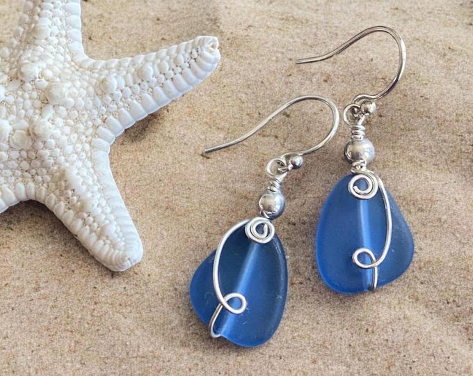 Sea Glass Earrings, Wire Wrapped Light Blue Sea Glass Earrings in STERLING SILVER, Beach Glass Jewelry, Sea glass Dangling Earrings,