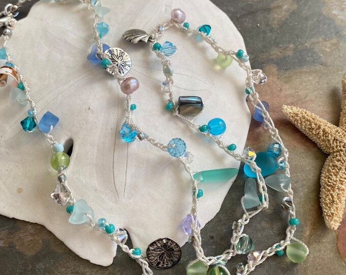Sea Glass Bracelet, Crocheted  Sea Glass Bracelet, Pearls, Cultured Sea glass, Swarovski Crystals, Beach Sea glass Bracelet. Boho Crochet