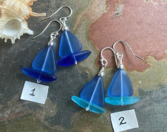 STERLING SILVER Sailboat Sea Glass Earrings, Light Sapphire Blue Sea Glass Earrings, Blue Sea Glass Earrings, Beach Weddings,, Sea glass