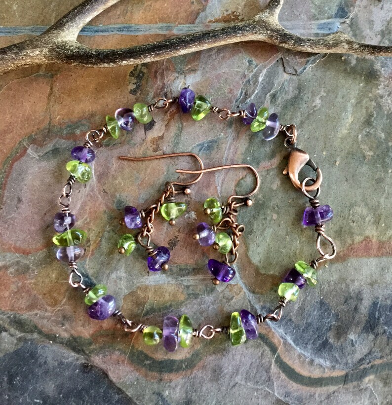 February Birthstone Jewelry AmethystPeridot Bracelet in Sterling Silver,Linked Wire Wrapped Amethyst and Peridot Bracelet Earrings