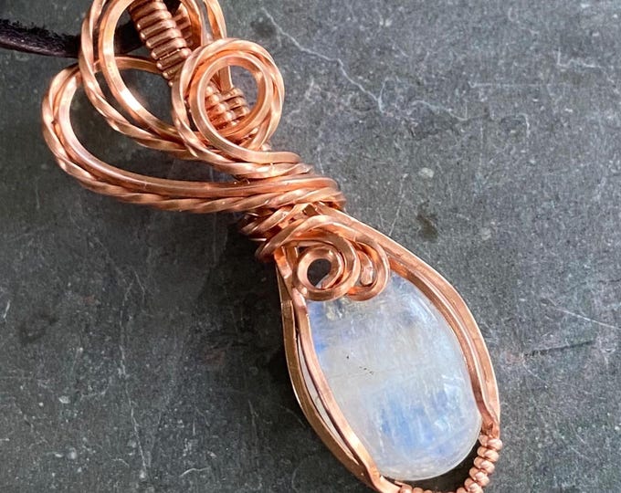 Wire Wrapped Moonstone Necklace in Natural  Copper,Rainbow Moonstone Necklace, Blue Flashing Moonstone Necklace,June Birthstone necklace