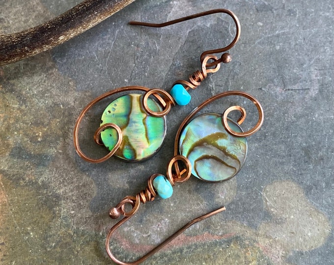 Abalone Earrings, Wire Wrapped Abalone Earrings in Antiqued Copper Wire, Abalone Paua Shell Earring, Abalone Shell Jewelry,