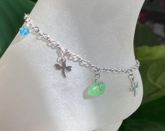 Sea Glass Dragonfly Charm Ankle Bracelet, Blue Sea Glass Anklet, Beach Foot Jewelry, Summer Fashion Beach Ankle, Anklet Gift for All Ages