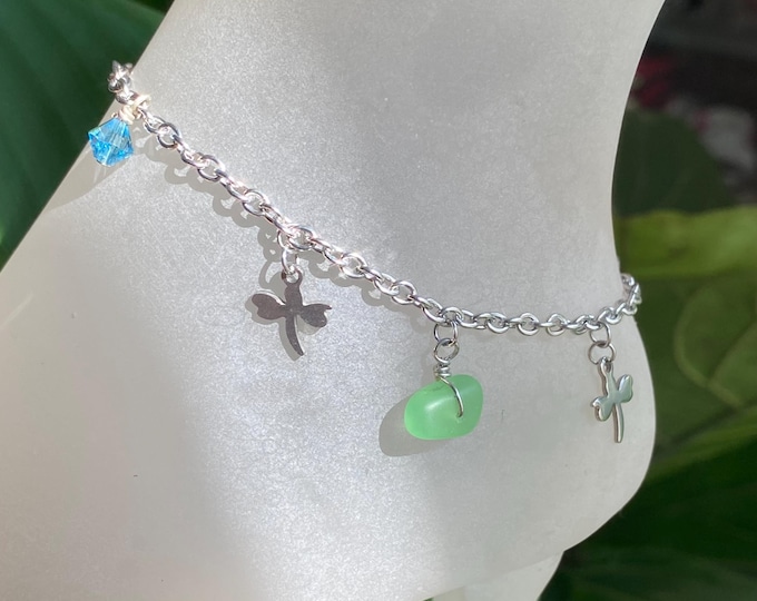 Sea Glass Dragonfly Charm Ankle Bracelet, Blue Sea Glass Anklet, Beach Foot Jewelry, Summer Fashion Beach Ankle, Anklet Gift for All Ages