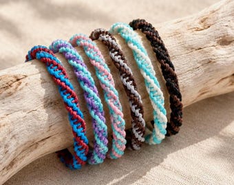 Spiral Braid Macrame Bracelet, Water Resistant Waxed Cord, Boho Beach Friendship Jewelry