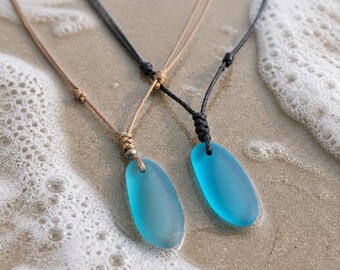 Handmade Aqua Blue Sea Glass Necklace, Adjustable Macrame Cord Pendant, Beach Surfer Jewelry