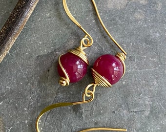 Ruby Earrings, Wire Wrapped Genuine Ruby Earrings in Gold. July Birthstone Ruby Earrings, Herringbone Ruby Jewelr,Red Earrings, Gift for Her
