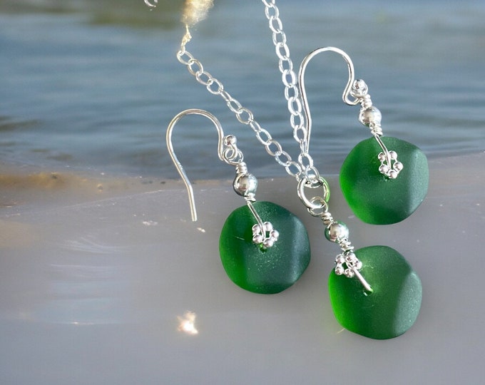 Green Beach Glass Jewelry, Shamrock Green Sea Glass  Necklace and Earrings in Sterling Silver, Sea Glass Necklace,  Sea Glass Jewelry SET,
