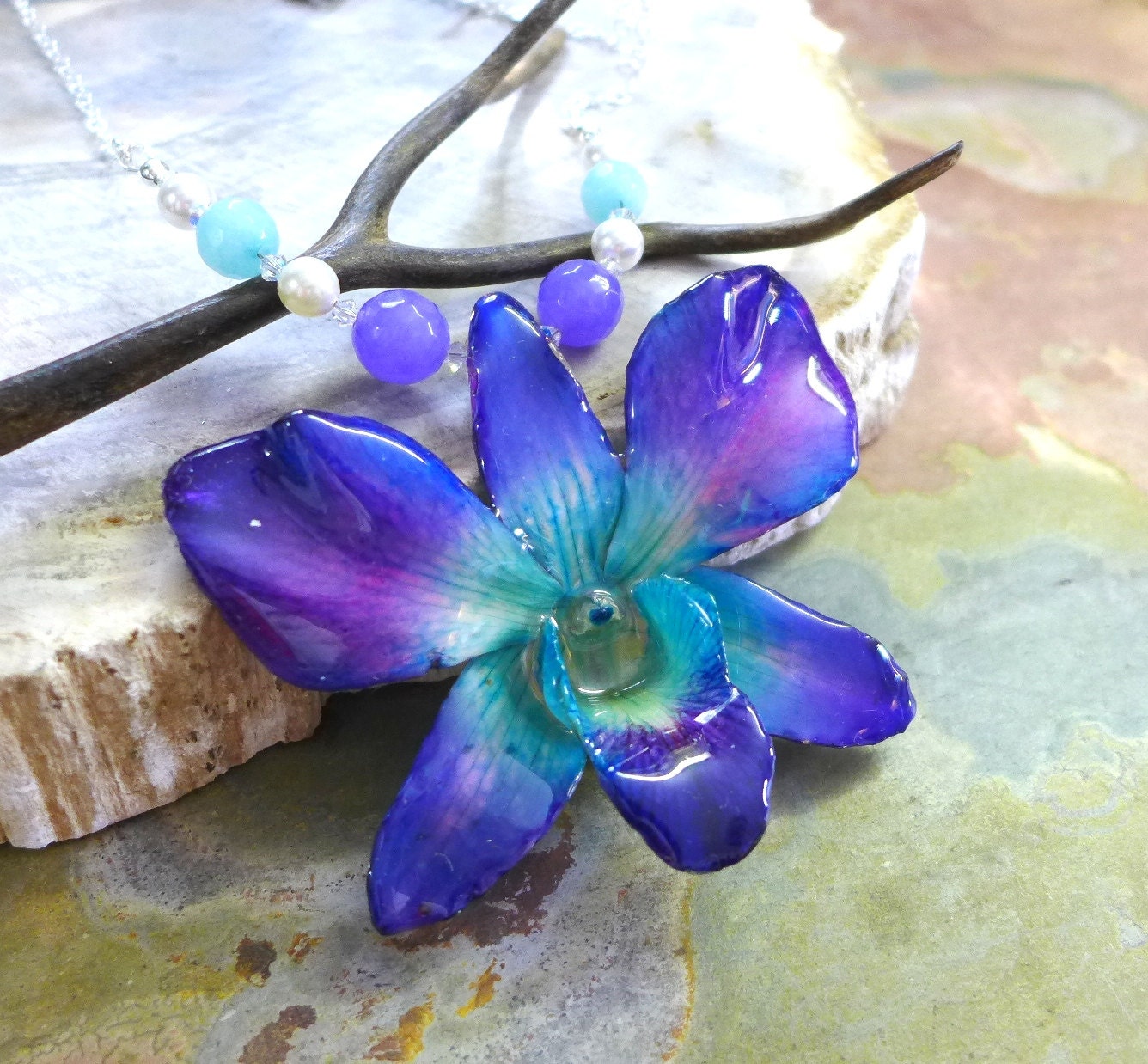 Orchid Pendant, REAL/GENUINE Blue/Purple Orchid Flower Pendant with