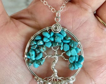 Turquoise Tree of Life Necklace: Sterling Silver Wire Wrapped Pendant