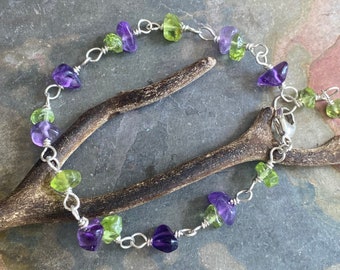 Handcrafted amethyst and peridot wire-wrapped bracelet in sterling silver,Custom February and August birthstone amethyst / peridot bracelet
