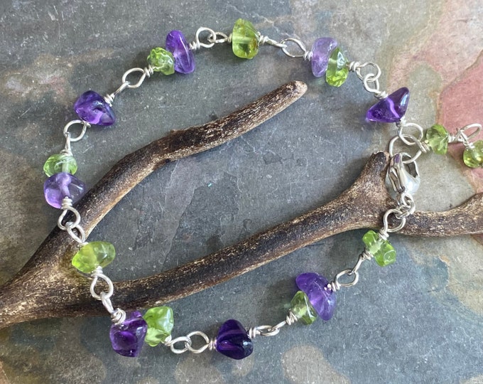Handcrafted amethyst and peridot wire-wrapped bracelet in sterling silver,Custom February and August birthstone amethyst / peridot bracelet