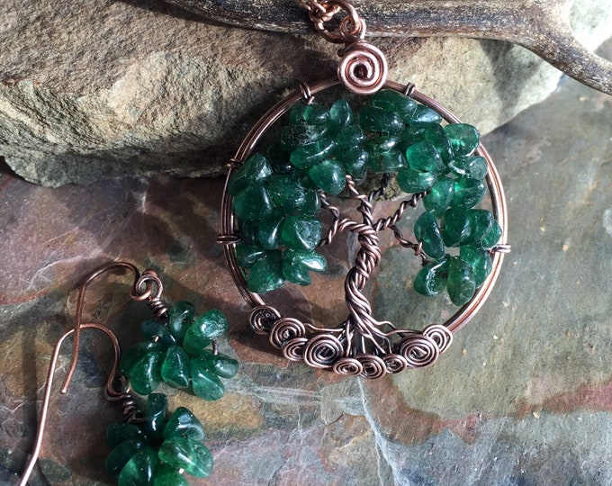 Dark Green Jade Tree of Life Copper Necklace,Dark Jade Tree of Life Antiqued Copper Pendant,Wire Wrapped May Birthstone Tree of Life