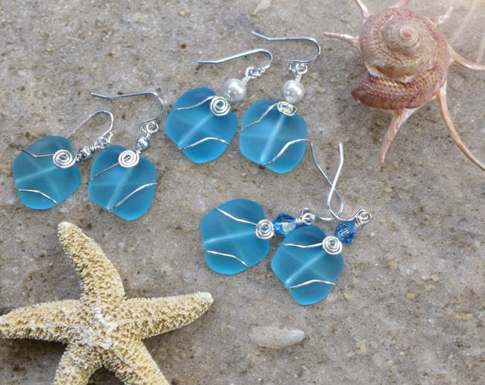 Beach Earrings,Aqua Blue Sea Glass Earrings in Sterling Silver, Aqua Blue Sea Glass Earrings, Beach Weddings, Aqua Blue  Dangling  Earrings