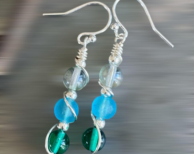 Wire wrapped Sea Glass Jewelry in Sterling Silver, Sea Glass Silver Earrings, Dangling Earrings ,Beach Weddings, Sea Glass  earrings