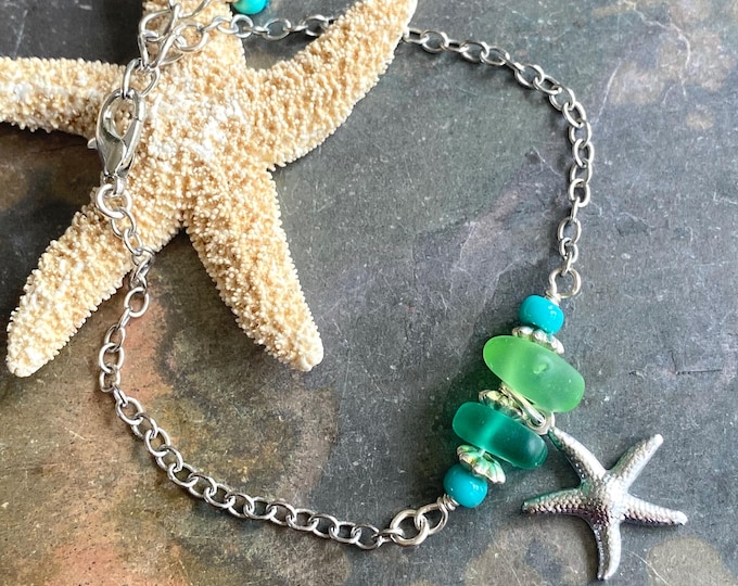 Sea Glass Bracelet, Beach Glass Bracelets, Green Sea Glass beaded Bracelet, Summer Beach Jewelry, Starfish Beach Boho Bracelet, Green