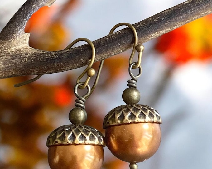 Acorn Copper Brass Necklace and Earring Set-Fall/Autumn jewelry, Bridal/Bridesmaid Necklace and Earring SET,