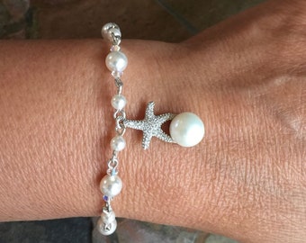 Sterling Silver Starfish Bracelet: Pearl & Crystal Beach Wedding Jewelry