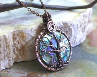 Antiqued Copper Wire Wrapped Abalone Pendant,PETITE/SMALL Abalone Tree of Life Necklace, Round Abalone Tree of Life Pendant Necklace