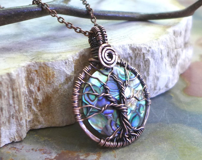 Antiqued Copper Wire Wrapped Abalone Pendant,PETITE/SMALL Abalone Tree of Life Necklace, Round Abalone Tree of Life Pendant Necklace