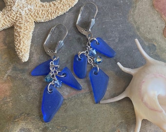 Blue Sea Glass Earrings in Sterling Silver, Blue Sea Glass Dangle Earrings, Beach Weddings, Blue earrings, Cobalt Sea glass Earrings,